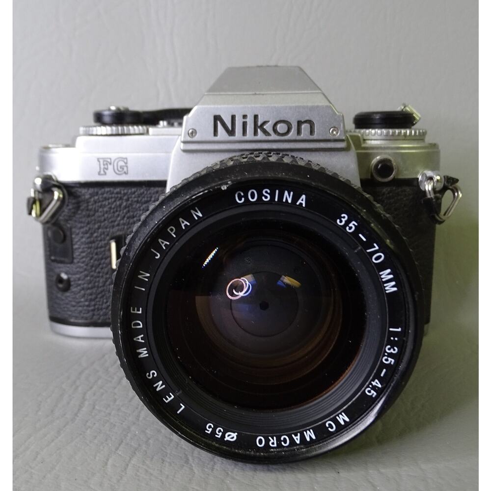Nikon FG SLR Film Camera Chrome w/ Cosina 35-70 mm f3.5-4.5 MC Macro Lens